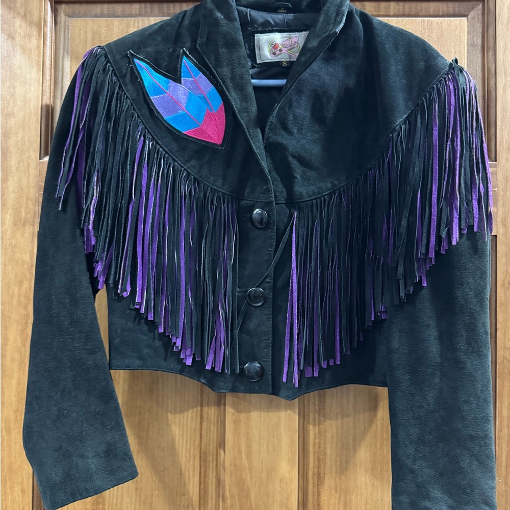 Black Leather Jacket with Purple Fringe
